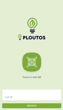 Ploutos app: QR code and lot ID input page